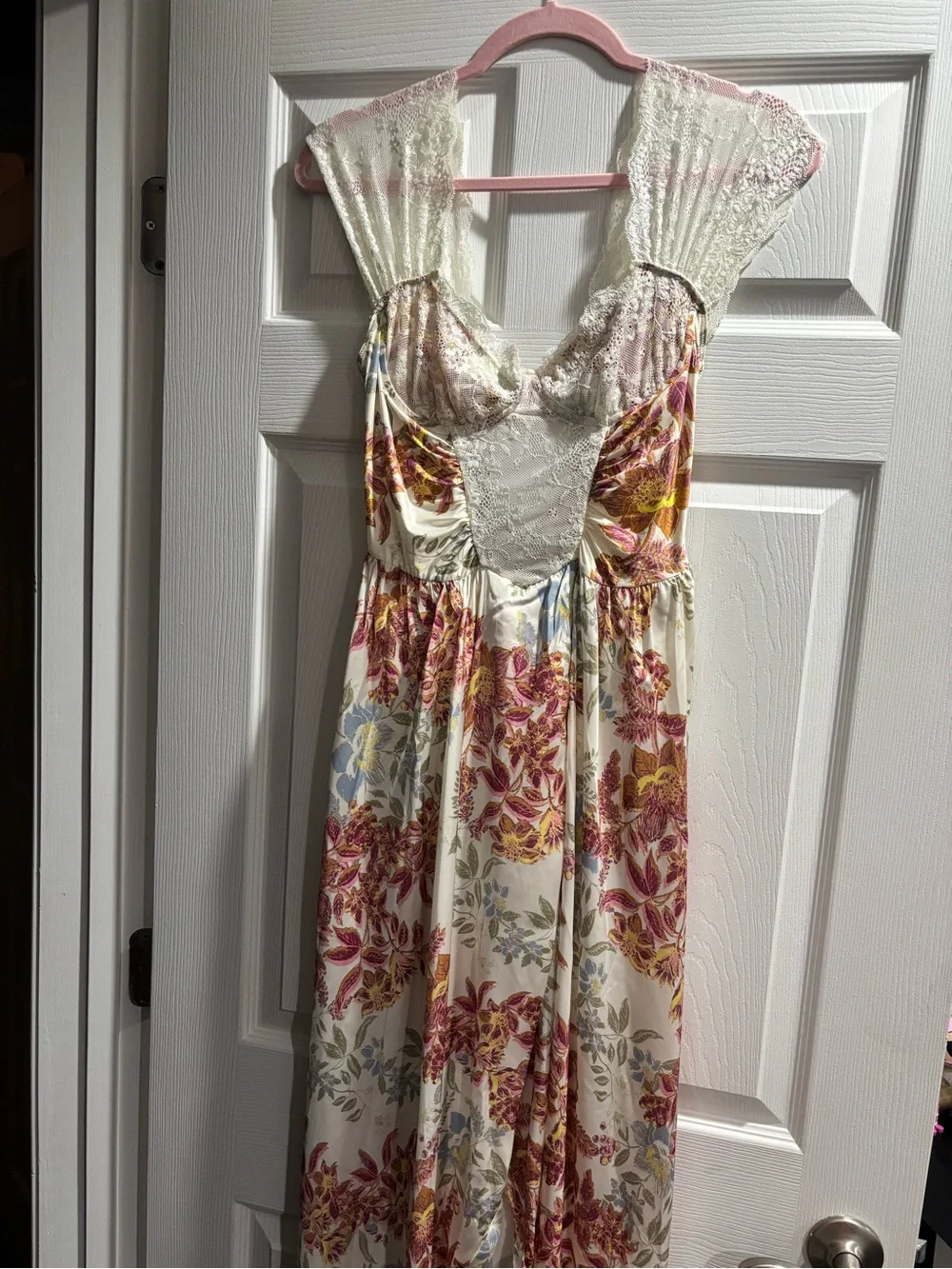 Free People Cream Floral High-Low Dress with Pink and Gold Accents